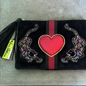 Sam Edelman Black Suede Clutch with Red Heart and Embroidered Panthers